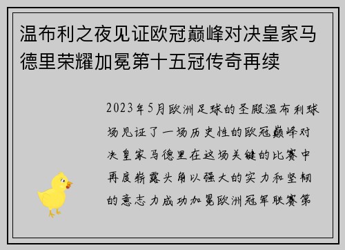 温布利之夜见证欧冠巅峰对决皇家马德里荣耀加冕第十五冠传奇再续 温布利之夜见证欧冠巅峰对决皇家马德里荣耀加冕第十五冠传奇再续